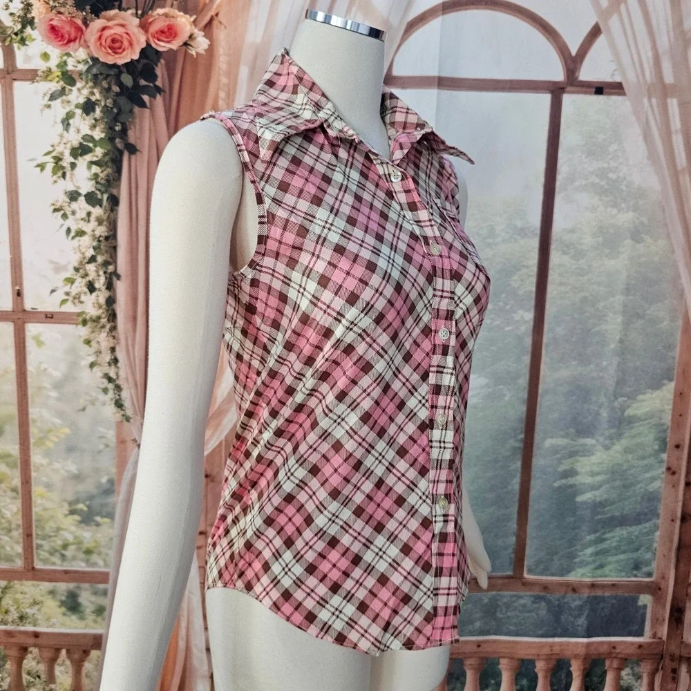 Vintage 1970s Pink Brown Plaid Sleeveless Button Down Shirt Pointed Collar - Picture 4 of 10